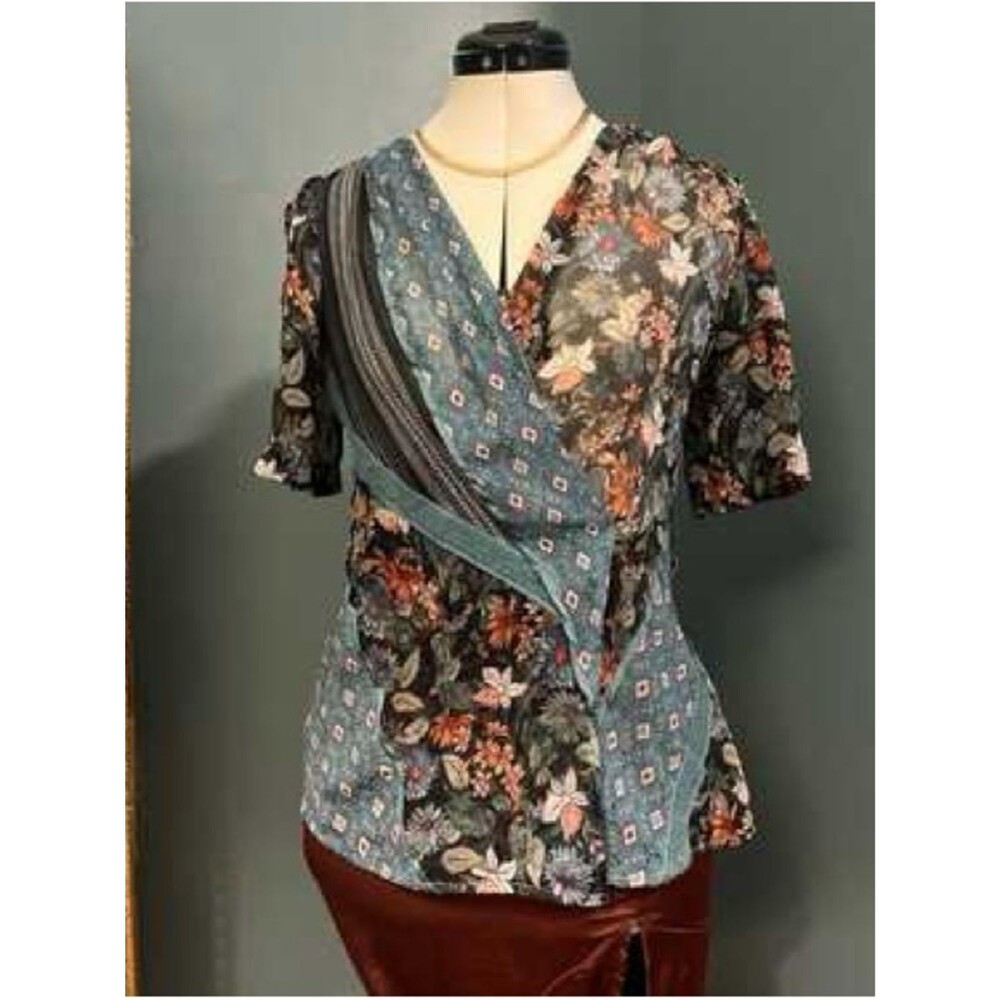 Anthropology Tiny Lovely Floral Patchwork Teal Short Sleeve Wrap Top Small Sheer - Picture 9 of 9
